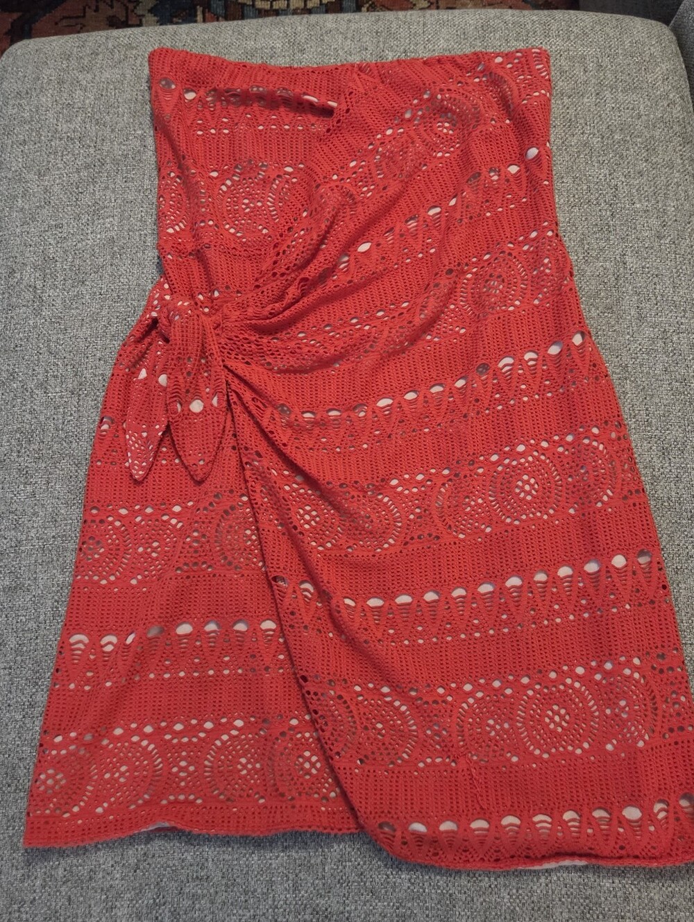 Free People Oceanside Strapless Ruched Dress Sz Med Crochet Lace Red Orange - Picture 5 of 12
